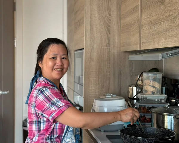 Jenny cooking at the hob in a family kitchen